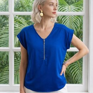 Shana Blue Zip Front Blouse Women’s Large Silky Lightweight Top Short Sleeve